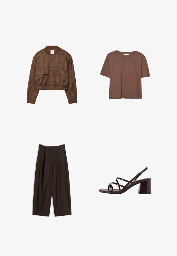 Brun ternet bomberjakke med cropped design, ribbestrikket krave, to forlommer, elastisk talje og lange ærmer.; Brun kortærmet t-shirt lavet af blødt stof, med rund halsudskæring og afslappet pasform. Ingen synlige mønstre eller detaljer.; Mørkebrune brede bukser med høj talje, udstyret med en enkelt knaplukning og en plisseret front. Lavet af letvægtsstof.; Brune strop sandal med høj hæl og kraftig hæl, der har en glat, blank finish og flere krydskrydsede stropper på overdelen.