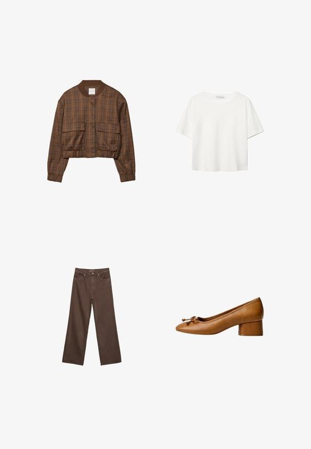 Smeđi bomber s kockastim uzorkom, skraćenog dizajna, rebrastim ovratnikom, dva prednja džepa, elastičnom strukom i dugim rukavima.; Bijela majica kratkih rukava od pamuka. Ima okrugli izrez i opušteni kroj. Glatka tekstura bez vidljivih uzoraka ili naglasaka.; Proširene smeđe traperice od denima, s visokim strukom, prednjim džepovima i klasičnom kopčom na dugme. Glatka tekstura s suptilnim šavovima.; Narančaste kožne cipele na petu s okruglim prstom, malom blok petom i dekorativnom mašnom. Glatka tekstura i minimalistički dizajn.