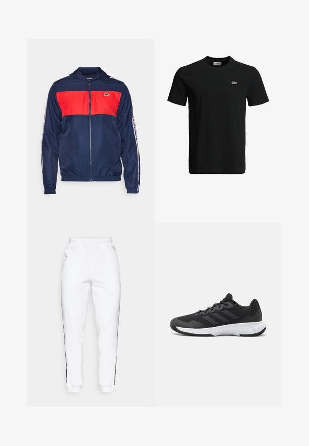 Tamsiai mėlyna ir raudona zip-up treniruočių striukė su gobtuvu; turi elastines rankoves, logotipo pleistrą ant krūtinės ir juostelės akcentus ant rankovių. Lygus poliesterio audinys.; Juodas medvilninis marškinėliai su apvaliu kaklu, trumpomis rankovėmis ir mažu žaliu krokodilo logotipu kairėje krūtinės pusėje. Lygi tekstūra, kasdieniškas dizainas.; Baltos sportinės kelnės su elastinga juosmena, turinčios juodas šonines juosteles ir rankogalius. Pagamintos iš minkštos medžiagos su lygia tekstūra.; Juodas sportinis batelis su tekstūruota viršutine dalimi, trimis horizontaliomis juostelėmis ir baltu padu su raštuotu protektoriumi. Lengvas ir aerodinamiškas dizainas.