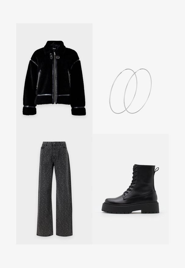 Crna jakna od ovčje kože s patentnim zatvaračem, lažnim kožnim detaljima, džepovima s patentnim zatvaračem i ovratnikom. Tekstuirana mekana tkanina i prilagođeni kroj.; Crna bluzica s točkastim uzorkom, prozirnim materijalom, nabranim rukavima i volanom oko vrata sa zatvaranjem na gumb na leđima.; Noisy May NMJANNEL LOOSE - Traperice opuštenog kroja - black denim; Crne kožne gležnjače s okruglim vrhom, vezanjem sprijeda i debelim gumenim potplatom s teksturiranim uzorkom. Tipa: traka za vuču na stražnjoj strani.; Srebrne okrugle naušnice s minimalističkim dizajnom. Kružni oblik, glatka tekstura i tanak profil. Lagane s poliranim završetkom.