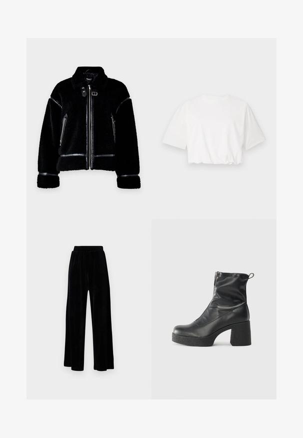 Črna jakna iz ovčjega krzna z zadrgo, umetnimi usnjenimi detajli, žepoma z zadrgo in ovratnikom. Teksturo mehke tkanine in prilagojen kroj.; Bela skrajšana majica s kratkimi puhti, okroglo izrezom in nabrano spodnjim robom, izdelana iz mehke bombažne tkanine.; Črne široke hlače iz mehkega žameta, z elastičnim pasom in gladko teksturo, brez vidnih detajlov ali vzorcev.; Črne gležnjarje iz gladke kože z božnim zadrgo, masivnim teksturiranim peto in zaobljeno obliko prstov.