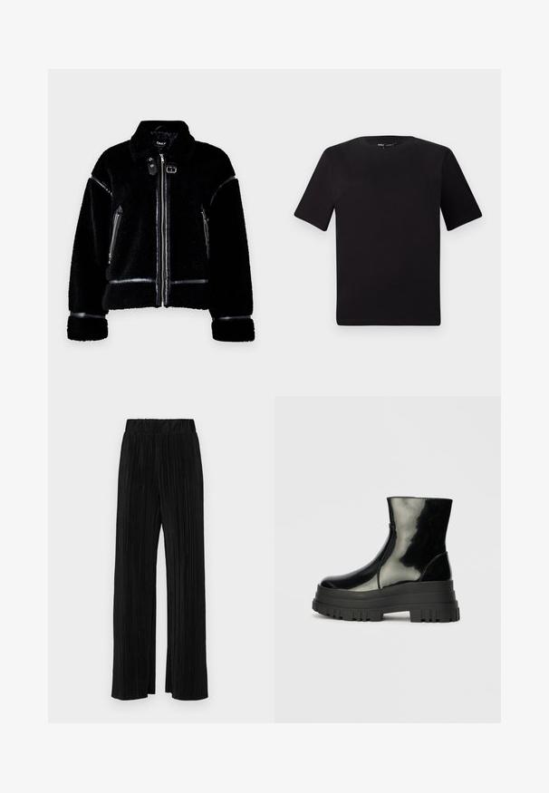 Zwarte schapenvachtjas met een ritssluiting, faux leren accenten, ritssluitingen in de zakken en een kraag. Geverde zachte stof en een op maat gemaakte pasvorm.; Zwarte T-shirt met korte mouwen en een ronde hals, gemaakt van zachte katoenstof. Eenvoudig ontwerp, geen zichtbare logo's of patronen.; Zwarte geplooide broek met een elastische tailleband. Beschikt over wijde pijpen en een glad, gestructureerd stof met verticale strepen.; Zwarte glanzende enkelboot met dikke profielzool en ronde neus, zijaanzicht op een effen lichtgrijze achtergrond.