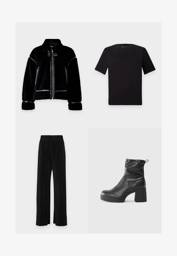 Černá koženka z beránka se zapínáním na zip, umělými koženými akcenty, kapsami na zip a límcem. Texturovaná měkká tkanina a přizpůsobený střih.; Černé tričko s krátkým rukávem a kulatým výstřihem, vyrobené z měkké bavlněné látky. Jednoduchý design, žádné viditelné logo nebo vzory.; Černé plisované kalhoty s elastickým pasem. Mají široké nohavice a hladkou, strukturovanou tkaninu s vertikálními pruhy.; Černé kotníkové boty vyrobené z hladké kůže, s bočním zipem, robustním strukturovaným podpatkem a kulatou špičkou.