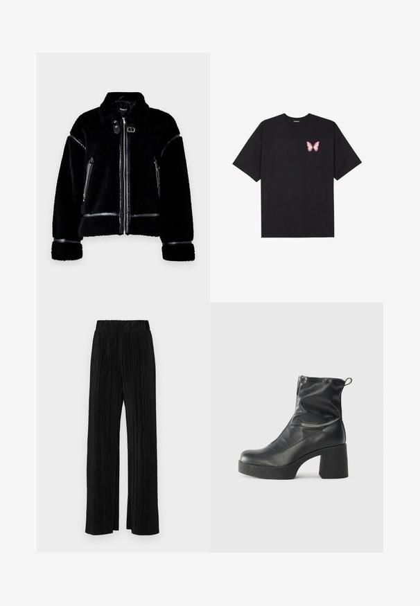 Black shearling jacket featuring a zip closure, faux leather accents, zippered pockets, and a collar. Textured soft fabric and tailored fit.; Black cotton t-shirt with short sleeves, featuring a small pink butterfly graphic on the left chest. Crew neck design with a relaxed fit.; Black pleated trousers with an elastic waistband. Features wide legs and a smooth, textured fabric with vertical stripes.; Black ankle boots made of smooth leather, featuring a side zipper, chunky textured heel, and rounded toe design.