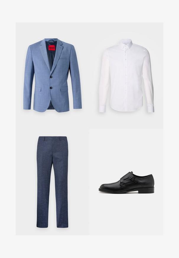 Light blue blazer made of textured fabric, featuring two black buttons, a chest pocket, and a red brand label inside the collar.; White long-sleeve button-up shirt made from cotton, featuring a classic collar, front buttons, and minimal stitching detail.; Navy blue trousers made from a textured fabric, featuring straight legs, a flat front, and two side pockets. No visible patterns or accents.; Black leather dress shoe with dual buckles, sleek silhouette, and round toe. Features a low heel and smooth texture.