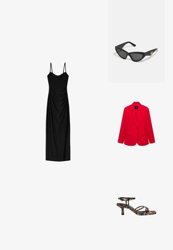Roter Blazer aus glattem Stoff, mit Reverskragen, zwei Vorderaschen und einer taillierten Passform mit einer Ein-Knopf-Verschluss.; Schwarzes Midi-Kleid mit dünnen verstellbaren Trägern, das ein drapiertes Design und eine glatte Textur aufweist. Keine sichtbaren Muster oder Verzierungen.; Leopardenmuster Absatzsandalen mit Quadratzehen, mehreren Riemen und einem mittelhohen Absatz. Hergestellt aus weichem Textilmaterial.; Cat-Eye-Sonnenbrille mit mattem schwarzen Kunststoffrahmen, dunklen Gläsern und einem goldenen Logoplatz auf dem Bügel. Winkeliges Design und glatte Oberfläche.; Braune Leder-Crossbody-Tasche mit Logo-Muster, goldener Kettenriemen, Reißverschlussverschluss und goldenen Hardware-Details. Kompakte und rechteckige Form.