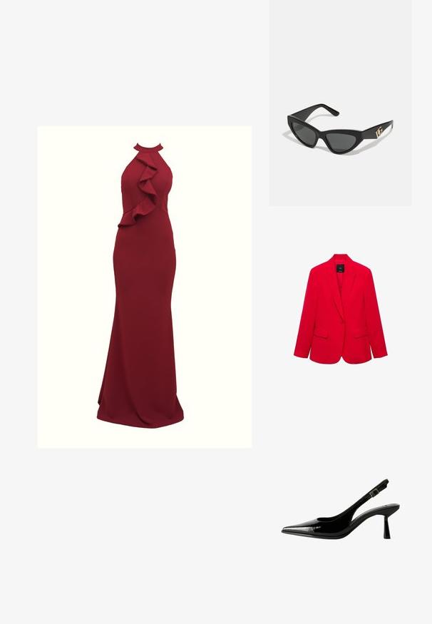 Sacou roșu fabricat dintr-un material neted, cu rever înclinat, două buzunare frontale și o croială adaptată, închidere cu un singur nasture.; Rochie bordeaux cu gât halter, cu detalii cu volane pe laturi; siluetă aderentă; realizată dintr-un material neted și elastic; design până la podea.; Pantofi cu toc slingback din piele patent neagră, cu vârf ascuțit, laterale decupate, curea la gleznă ajustabilă și toc subțire, elegant.; Ochelari de soare tip cat-eye cu un cadru din plastic mat de culoare neagră, lentile întunecate și un accent de logo aurit pe tâmple. Design unghiular și textură netedă.; Clutch Michael Kors din canva acoperit bej, cu un model repetitiv al logo-ului MK, accesorii din aur și o curea cu lanț detașabil.