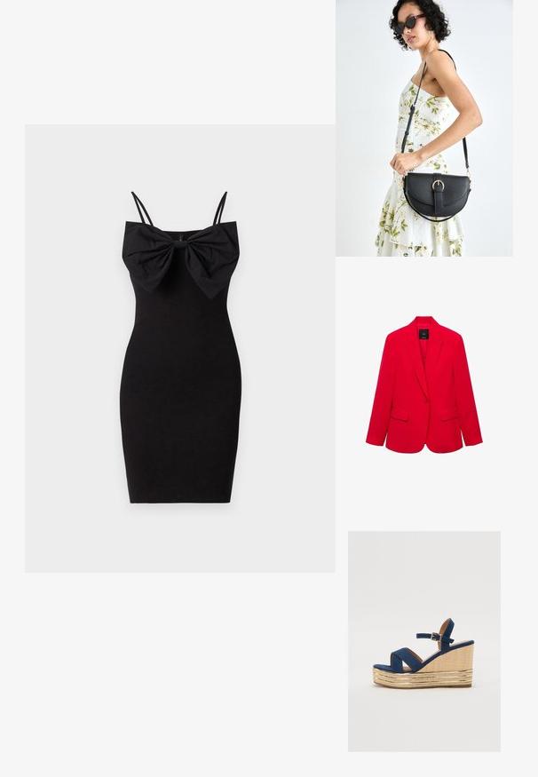 Red blazer made from smooth fabric, featuring a notched lapel, two front pockets, and a tailored fit with a single-button closure.; Black fitted dress with a large bow detail at the neckline, featuring thin adjustable straps and a smooth, stretchy fabric texture.; Navy blue wedge sandal with crossed straps, a textured natural fiber platform, and a gold metallic accent on the base.; Black leather handbag with a curved shape, detachable strap, and gold hardware. The bag features a flap with a buckle detail.