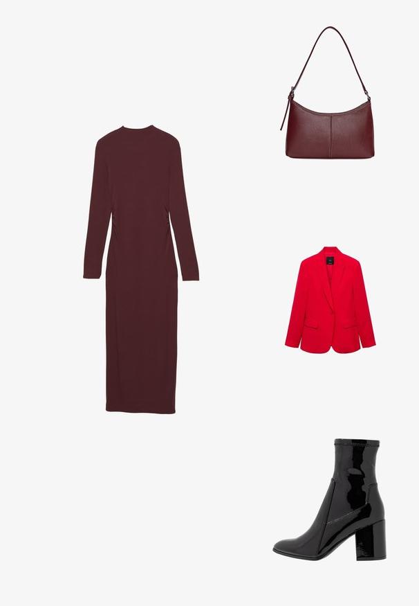 Rode blazer gemaakt van soepele stof, met een notch-revers, twee voorzakken en een getailleerde pasvorm met een enkele knoopsluiting.; Lila lang mouwen jurk met een aansluitende pasvorm en geplooide zijkantdetails. Gemaakt van rekbare stof, reikt tot halverwege het kalf.; Zwarte patenten enkellaarsjes met een gladde textuur, een spitse neus en een gestructureerde blokhak. Heeft een ritsvrije ontwerping en contrasterende stiksels.; Bordeaux lederen handtas met een gebogen vorm, een enkele schouderriem en gestikte details in het midden. Glad textuur, minimale hardware.