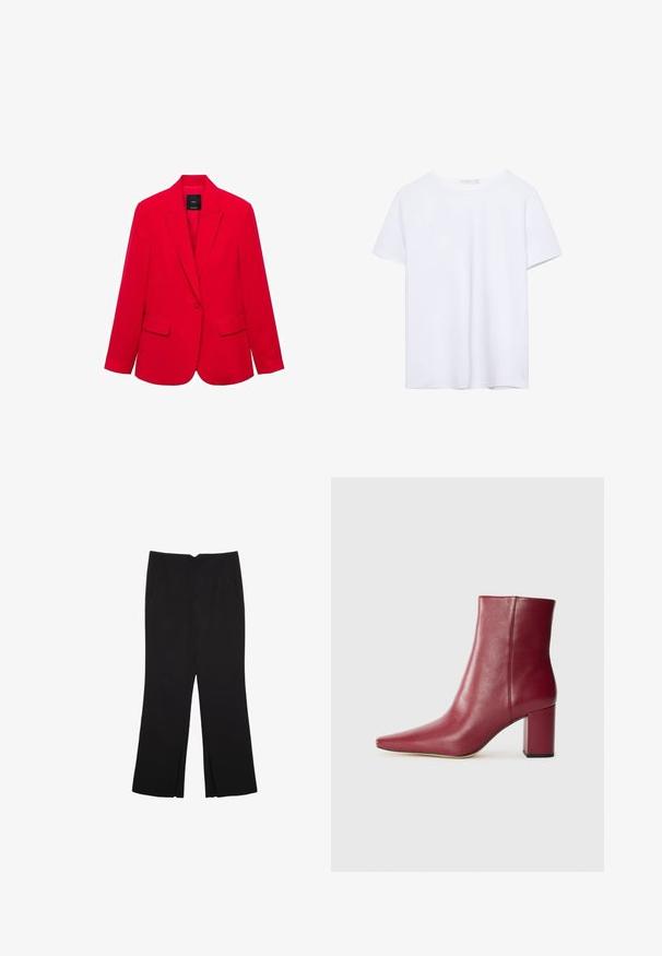Rdeč blejzer iz gladkega materiala, z izrezanim ovratnikom, dvema sprednjima žepoma in prilagojenim krojem s zapiranjem na en gumb.; Čista bela majica s kratkimi rokavi in okroglim ovratnikom, z ravnim robom, prikazana na beli podlagi.; Črne hlače ravnega kroja z naglavnimi žepi in stranskimi razporki na robu. Narejene iz mehke, gladke tkanine. Primerne za različne priložnosti.; Burgundska usnjena gležnjarja z ostrim nosom, blok peto in gladko teksturo, z brezhibnim dizajnom brez vidnih kovinskih delov.