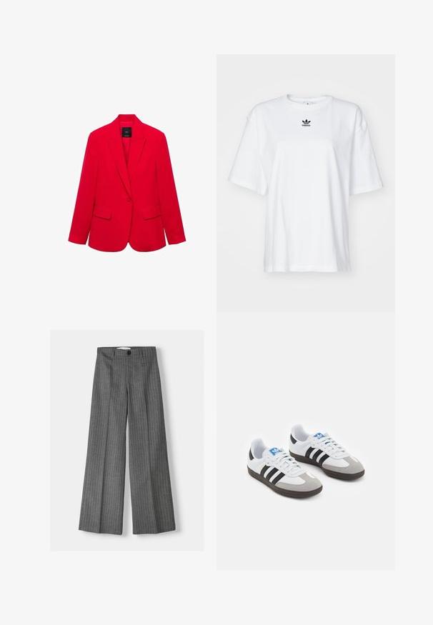 Červený blazer vyrobený z hladké tkaniny, s klopovým límcem, dvěma předními kapsami a upraveným střihem se zapínáním na jeden knoflík.; Bílý krátký rukávový tričko vyrobené z bavlny. Má kruhový výstřih a malé černé logo Adidas na hrudi. Rovný lem.; Šedé široké kalhoty s proužkovaným vzorem, vybavené knoflíkovým zapínáním a dvěma předními kapsami. Vyrobeno z texturované tkaniny.; Sportovní boty s bílým koženým svrškem, šedou semišovou špičkou a třemi černými pruhy. Obsahují modré logo na jazyku a texturovanou gumovou podrážku.