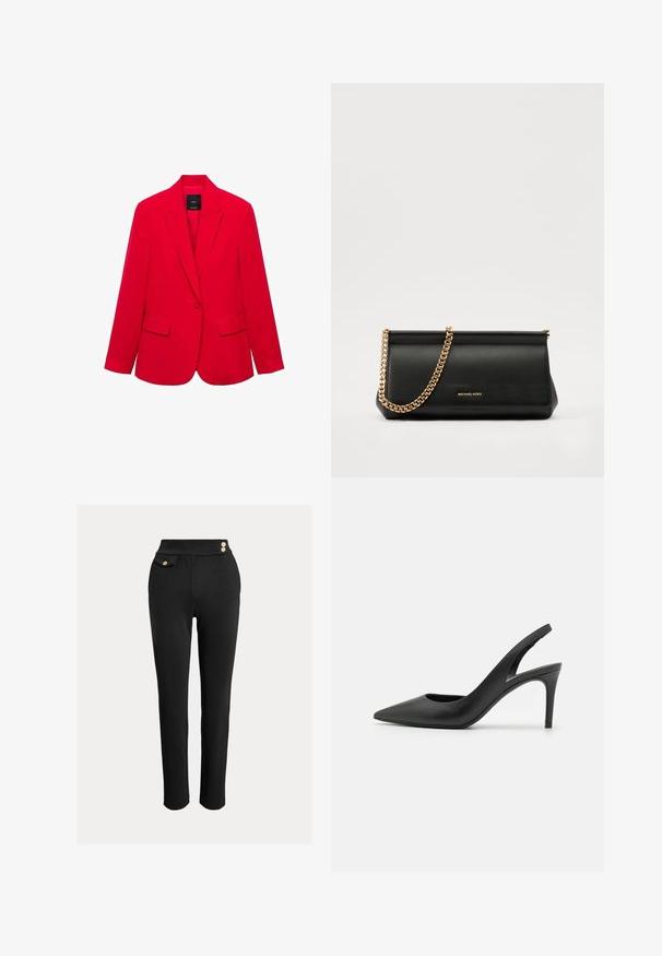 Červený blazer vyrobený z hladkej tkaniny, s klopovým límcom, dvoma prednými vreckami a priliehavým strihom s uzatváraním na jeden gombík.; Čierne tričko s krátkym rukávom vyrobené z jemného materiálu, s okrúhlym výstrihom a voľným strihom s mierne zakriveným lemom.; Čierne slim-fit nohavice s vysokým pásom, dekoratívnymi zlatými gombíkmi na páse a malou vreckom na pravej strane.; Čierne kožené slingback vysoké podpätky s dizajnom špicatých špičiek, s výrezom vpredu a tenkým stiletto podpätkom.; Čierna kožená kabelka s retiazkou zo zlata, so hladkou textúrou, obdĺžnikovým tvarom a embosovaným logom na prednej strane.