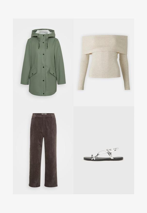 ONLY Petite ONLELISA RAINCOAT - Jachetă parka - agave green; Bluză ajustată, cu umerii goi, din tricot rib de culoare bej deschis, cu mâneci lungi și o textură netedă. Design simplu și modern.; Pantaloni largi din corduroy maro, cu o finisare texturată, având un brâu standard și două buzunare frontale.; Sandale metalice argintii cu un design minimal, având curele subțiri și o talpă plată neagră. Printre elementele de atracție se numără accentele cu curele încrucișate.