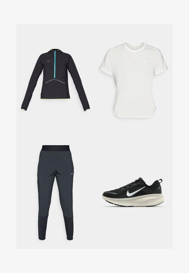 HOKA SKYGLOW HALF ZIP - Āra jaka - black; Nike t-krekls baltā krāsā, īsām piedurknēm, ar apaļu kakla izgriezumu, izgatavots no gludas, vieglas auduma. Uz krūtīm ir diskreta logo.; Nike sporta bikses tumšā pelēkā krāsā, ar šauru kāju dizainu, elastīgu jostasvietu un akcentu detaļām pie apakšmalām.; Melnas Nike skriešanas kurpes ar elpojošu acs augšdaļu, baltu Swoosh logotipu, strukturētu apdari un krēmkrāsas ZoomX starpsole.