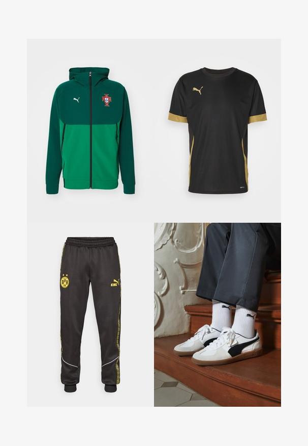 Puma hooded jacket in dark green with a light green panel; features Portugal crest, zip closure, and side pockets. Fitted cuffs and hem.; Black athletic T-shirt with gold accents on sleeves and side. Features a round neck, short sleeves, and moisture-wicking DRYCELL fabric.; Black athletic pants with yellow Borussia Dortmund BVB 09 and Puma King logos, elastic waistband, and patterned yellow side stripes.; Puma sneakers in white and black suede, featuring a brown rubber sole. Paired with white socks displaying a black logo, worn with dark pants.