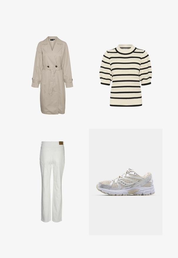 Bež kišni kaput s dvostrukim kopčanjem sprijeda, detaljima s gumbima, širokim reverima, dugim rukavima i odgovarajućim pojasom.; Pleteni pulover s kremastim i crnim horizontalnim prugama, kratkim nabranim rukavima, rebrastim izrezom i rupičastim uzorcima kroz cijeli pulover.; Bijele hlače viskog struka napravljene od mješavine pamuka. Imaju ravni kroj, dvije stražnje džepove i smeđu oznaku branda na pojasu.; Lagani trkaći model s bijelim mrežastim gornjim dijelom sa srebrnim detaljima, obućom s jastučićem i teksturiranim gumiranim potplatom za prianjanje.