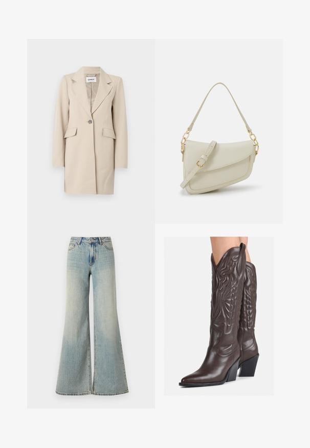 Beige tailored coat with a notched lapel, single button closure, front pockets, and a structured silhouette. Smooth fabric texture.; White sleeveless tank top made of ribbed fabric, featuring a rounded neckline and a fitted silhouette, with minimal seams and no embellishments.; Light blue wide-leg jeans with a high waist, featuring a faded finish, front pockets, and a subtle split at the bottom of the legs.; Brown leather cowboy boots with pointed toe and block heel, featuring detailed stitching and raised accents on the shaft.; Small cream handbag with a textured finish, a long adjustable strap, a chain accent, and a flap closure. Gold hardware detailing.