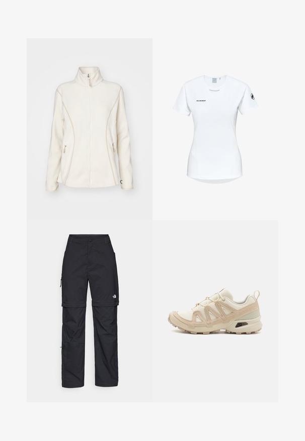 Biała polarowa kurtka z wysokim kołnierzem, z przodu zapinana na zamek błyskawiczny, z bocznymi kieszeniami. Posiada kontrastowe beżowe szwy oraz małe logo na klatce piersiowej.; Koszulka sportowa z krótkim rękawem w kolorze białym, z okrągłym dekoltem, z logo na piersi i gładką, lekką teksturą materiału.; Czarne nylonowe spodnie cargo z odpinanymi nogawkami, regulowanymi mankietami, wieloma kieszeniami oraz logo na prawej nogawce. Gładka, lekka tekstura.; Beżowe i kremowe buty sportowe z teksturowanej siateczki, wspierającymi nakładkami oraz gumową podeszwą z wzorem bieżnika zapewniającym przyczepność.