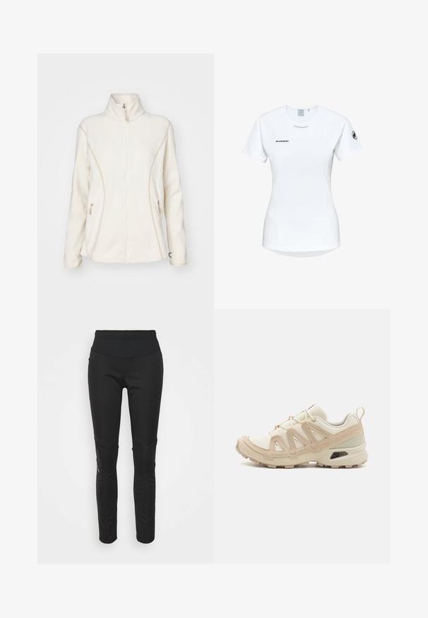 Vit fleecejacka med hög krage, framdragkedja och sidfickor. Har kontrasterande beige sömmar och en liten logotyp på bröstet.; Kortärmad vit träningsskjorta med rund halsringning, försedd med en logotyp på bröstet och en slät, lätt tygkvalitet.; Svarta idrotts leggings med hög midja, slät textur, logotypdetalj och sidopaneler för ökad visuell intress.; Beige och krämfärgad atletisk sko med texturerad meshovandel, stöttande överdrag och gummisulor med ett mönster för grepp.