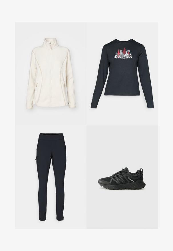 Bela flis jaka z visokim ovratnikom, sprednjim zadrgo in stranskimi žepi. Ima kontrastne bež šive in majhen logo na prsih.; Majica z dolgimi rokavi temno siva z grafiko rdečih dreves in gora; logotip "COLUMBIA" v krepki beli barvi. Mehka tkanina, standarden krojen ovratnik.; Črne športne hlače s slim fit krojem, elastičnim pasom in stransko žepom z zadrgo. Gladek, raztegljiv material z minimalnimi šivi.; Columbia PEAKFREAK - Pohodniški čevlji - black