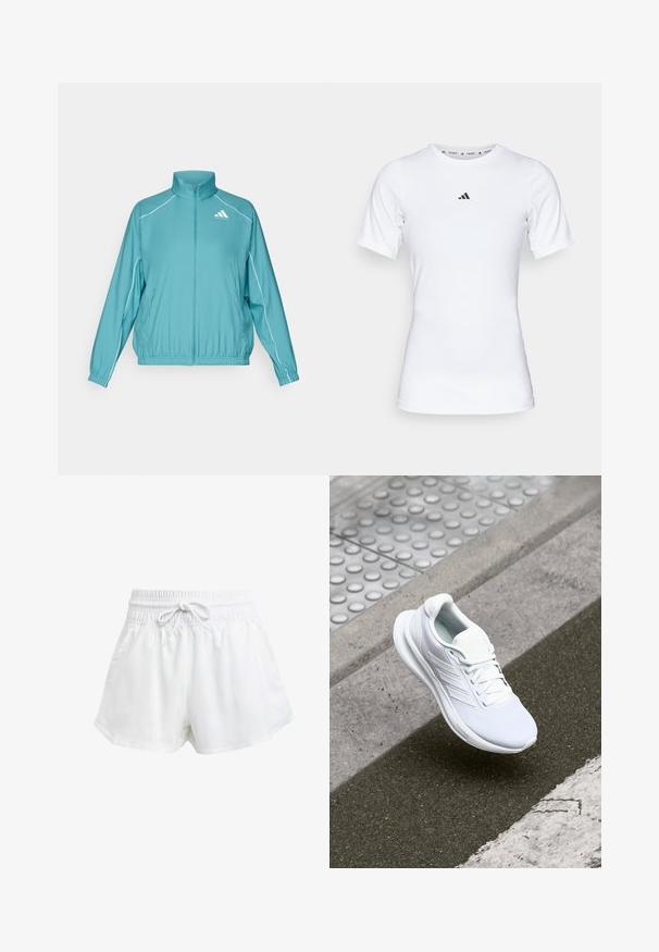 Tyrkysová bunda na zip s stojáčkem. Na ramenech má bílé lemování a na levém prsu malou nášivku. Lehký materiál.; Bílé sportovní tričko s krátkým rukávem, vyrobené z hladké, elastické látky. Na hrudi se nachází malé černé logo Adidas.; Bílé sportovní kraťasy s elastickým pasem a nastavitelnou šňůrkou. Vyrobené z lehkého materiálu, s bočními kapsami a volným střihem.; Bílé sportovní boty s vrchní částí z síťoviny, šněrovacím designem a texturovanou podrážkou. Jemné logo a detaily bez švů jsou viditelné.