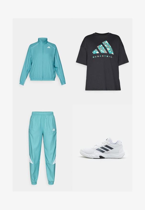 Tyrkysová mikina na zips s stojacím golierom. Má biele lemovanie pozdĺž ramien a malé logo na ľavom prsníku. Ľahký materiál.; Čierne voľné tričko vyrobené z bavlny, so tyrkysovým abstraktným vzorom a slovom "BASKETBALL" v kontrastnom písme pod logom.; Tyrkysové športové nohavice s elastickým pásom, na dolných nohách so bielymi diagonálnymi pruhmi a bočnými vreckami. Vyrobené z ľahkého materiálu.; Biele športové topánky s ventilovaným vrchom, tromi čiernymi pruhmi po stranách, textúrovanými akcentmi a pevným gumovým podošvom s kontrastnou čiernou časťou.