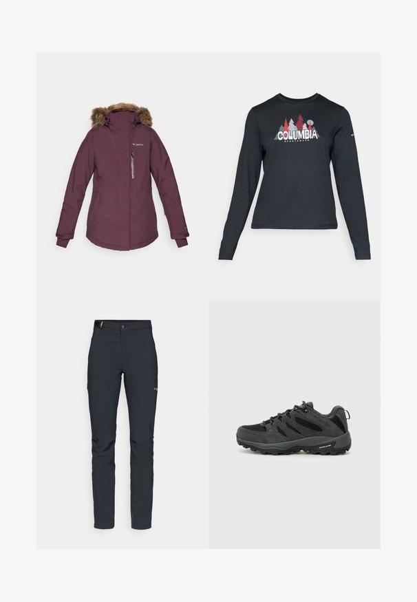 Columbia AVA ALPINE™ II INSULATED JACKET - Skijakke - moonvista; Langermet mørkegrå skjorte med grafikk av røde trær og fjell; "COLUMBIA" logo i fet hvit tekst. Mykt stoff, standard rund hals.; Herre utendørsbukser, mørkegrå, laget av fleksibelt materiale, med belte, glidelåslommer og forsterkede sømmer.; Columbia REDMOND - Fjellsko - black/citron haze