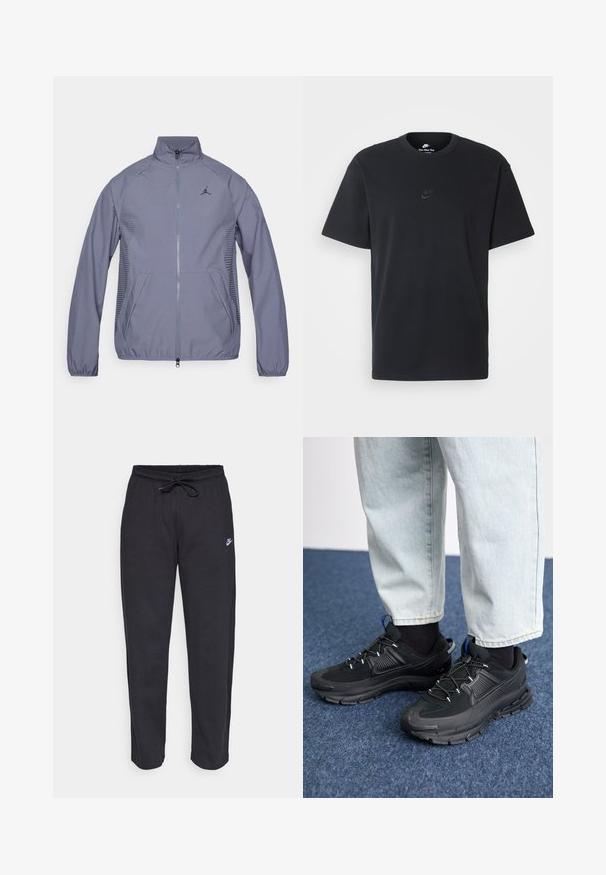 Světlé šedé zipové sako s vysokým límcem, bočními kapsami, síťovanými detaily a černým logem na hrudi. Hladký, sportovní materiál.; Černé bavlněné tričko Nike s klasickým kulatým výstřihem, krátkými rukávy a decentně vyraženým logem na hrudi. Hladký povrch.; Černé tepláky vyrobené z měkké tkaniny s elastickým pasem, šňůrkou na stažení a malým logem Nike na levém stehně.; Černé sportovní boty s texturovanou tkaninou a gumovou podrážkou, s elastickými tkaničkami a modrým akcentem na patě. Nosí se s světlými džíny.