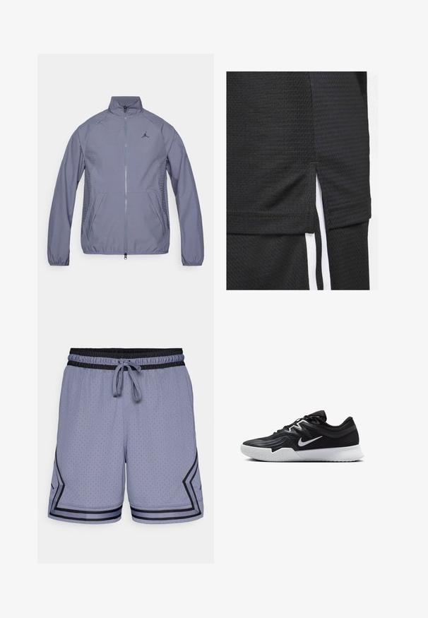 Svetlo siva jakna na zadrgo z visokim ovratnikom, stranskimi žepi, mrežastimi detalji in črnim logotipom na prsih. Gladka, športna tkanina.; Črni atletski dres z teksturirano tkanino, kratkim robom in stranskimi razpoke ter belimi accentnimi črtami ob straneh.; Svetlo modri športni kratki hlače z mrežasto teksturo, elastičnim pasom, vrvico in črnimi detajli ob robu in straneh.; Črne atletske čevlje z teksturirano zgornjico, belim Nike znakom in belim gumijastim zunanjim podplatom. Imajo vezalni dizajn in dinamično obliko.