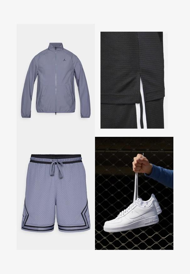 Jachetă zip-up de culoare gri deschis, cu guler înalt, buzunare laterale, accente din plasă și un logo negru pe piept. Material neted, athletic.; Tricou sport negru dintr-un material texturat, cu hem scurt și slituri laterale, și dungi albe de accent pe laturi.; Shorts atletici de culoare albastră deschisă, cu o textură din plasă, talie elastică, șnur de ajustare și accente negre pe margine și pe o parte.; Adidași albaștri din piele cu perforații, vârf rotund, talpă plată și șireturi groase, cu un logo swoosh vizibil și cu inscripția "AIR" pe toc.