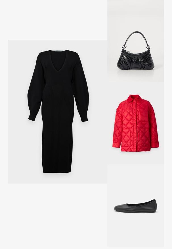 Sarkans izšūts jaka ar apkakles apkakli, spiedpogu aizdari un vienu kabatu priekšpusē. Gluda, spīdīga tekstūra.; Melnā adīta kleita ar dziļu V veida kakla izgriezumu, garām apjomīgām piedurknēm un strukturētu rakstu detaļām uz priekšējās daļas.; Melna ādas baleta kurpe ar noapaļotu purngalu, gludu tekstūru, minimālu šuvju detalizāciju un elastīgu zoles dizainu.; Melna soma, kas izgatavota no strukturētas ādas ar noapaļotu formu. Tajā ir plāna plecu siksna un dekoratīvi reljefi raksti.