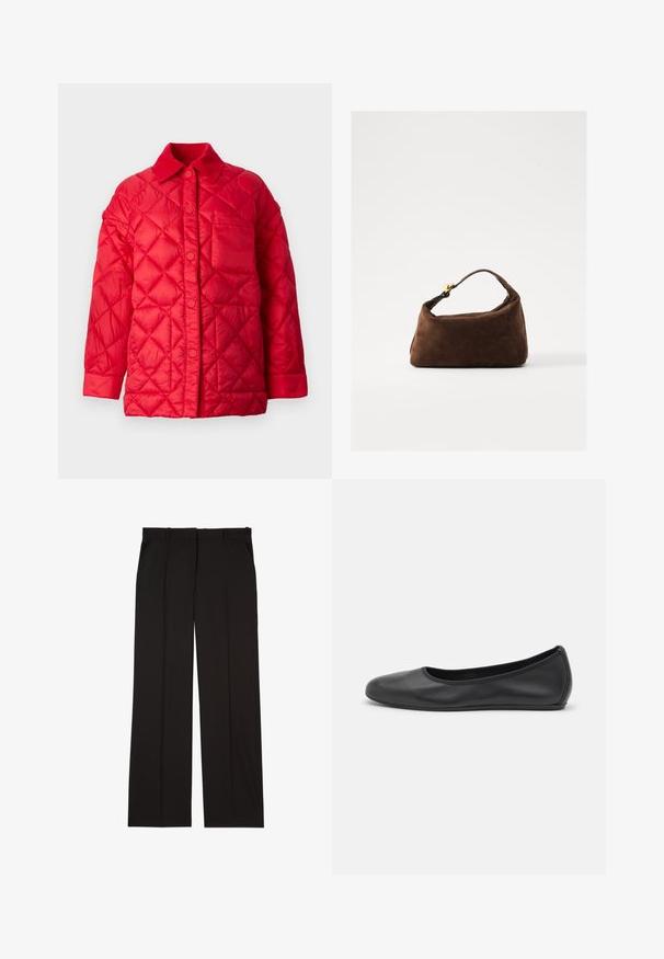 Raudona siuvinėta striukė su apykakle, snapiniu mygtuku ir viena kišene priekyje. Sklandi, blizgi tekstūra.; Balta ilgomis rankovėmis marškiniai su apykakle, pagaminti iš medvilnės. Su mygtukų užsegimu priekyje ir viena krūtinės kišenė. Lygus paviršius, laisvas siluetas.; Juodos pritaikytos kelnės, pagamintos iš lygaus audinio, su tiesiomis kojomis ir dviem šoniniais kišenėmis. Elegantiška ir minimalistinė konstrukcija.; Juodai odiniai baletai su apvaliu pirštu, lygi texture, minimalus siuvimo detales ir lanksčiu padų dizainu.; Ruda suede rankinė su lenkta forma, trumpa rankena ir auksiniais detalių akcentais. Lygus paviršius ir minimalistinis dizainas.