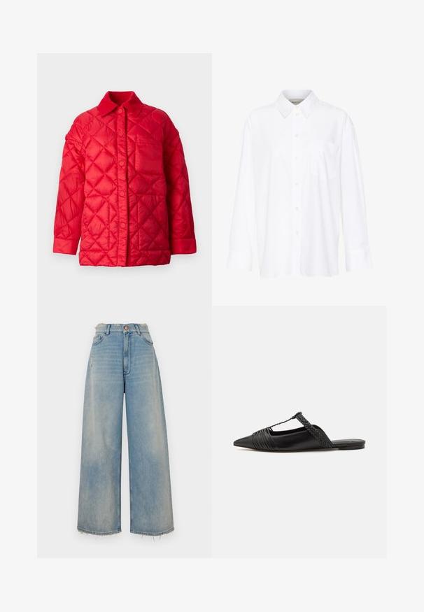 Czerwona kurtka pikowana z kołnierzykiem, zapięciem na zatrzaski i jedną kieszenią z przodu. Gładka, błyszcząca tekstura.; Biała, długosleeve'owa koszula z kołnierzykiem, wykonana z bawełny. Posiada zapięcie na guziki z przodu oraz jedną kieszeń na piersi. Gładka tekstura, luźny krój.; Jasnoniebieskie dżinsy typu wide-leg z postrzępionym dołem, pięcioma kieszeniami i zapięciem na guzik. Posiadają delikatne przetarcia z przodu.; Czarny skórzany but na odkrytej pięcie z pointed toe, ozdobiony plecionym akcentem i plisowanym wzorem górnej części. Płaska podeszwa z minimalnymi elementami.