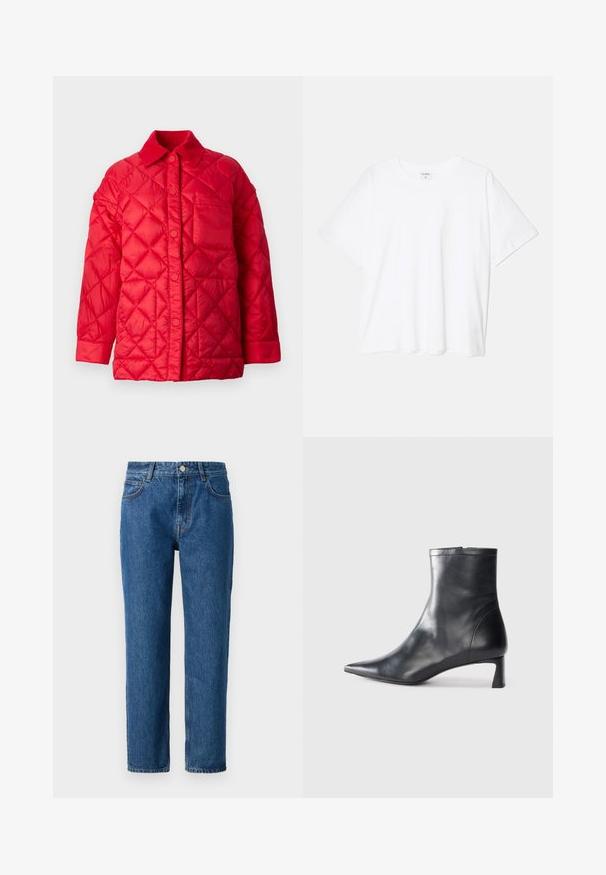 Rød quiltet jakke med krave, trykknaplukning og en enkelt lomme foran. Glat, skinnende tekstur.; Hvid bomulds-t-shirt med korte ærmer, rund halsudskæring, afslappet pasform og stitched søm. Mærket er synligt indeni halsen.; Blå denim jeans med lige ben, der har en knaplukning, bæltestropper og forlommer. Lavet af tekstureret bomuldsstof.; Sort læder ankelstøvle med spids tå og et strømlinet design. Har en lav hæl og en lynlås lukning bagpå. Glat tekstur.