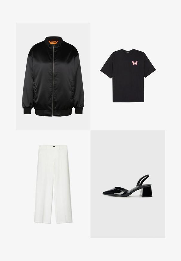Giacca bomber nera in satin liscio, con zip frontale, polsi e orlo a coste, e fodera arancione. Design classico e minimalista.; T-shirt nera in cotone con maniche corte, caratterizzata da una piccola grafica di una farfalla rosa sul lato sinistro del petto. Design a girocollo con una vestibilità rilassata.; Pantaloni bianchi a gamba larga con una texture liscia, dotati di chiusura anteriore con bottone e passanti per cintura, progettati per una vestibilità comoda.; Décolleté in vernice nera con punta affusolata e tacco in geometria cubica. Presentano un design elegante e minimalista, con una texture liscia.