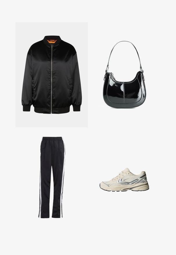 Zwarte bomberjack van glad satijn, met een ritssluiting aan de voorkant, ribbelmanchetten en -zoom, en een oranje voering. Klassiek en minimalistisch ontwerp.; Witte geribbelde tanktop met een ronde halslijn en brede bandjes. Zachte stoftextuur en gestikte randen. Eenvoudig, getailleerd ontwerp.; Zwarte trainingsbroek met witte zijstrepen, elastische tailleband en een logo-patch. Gemaakt van gladde, lichte stof. Ontwerp met rechte broekspijpen.; Roomkleurige sportschoen met een bovenwerk van mesh, zilverkleurige accenten, en een gestructureerde rubberen zool. Ontworpen voor comfort en stabiliteit.; Zwarte gepatineerde leren handtas met een gebogen ontwerp, ritssluiting en een enkele schouderriem met zilverkleurige hardware en stikselaccenten.