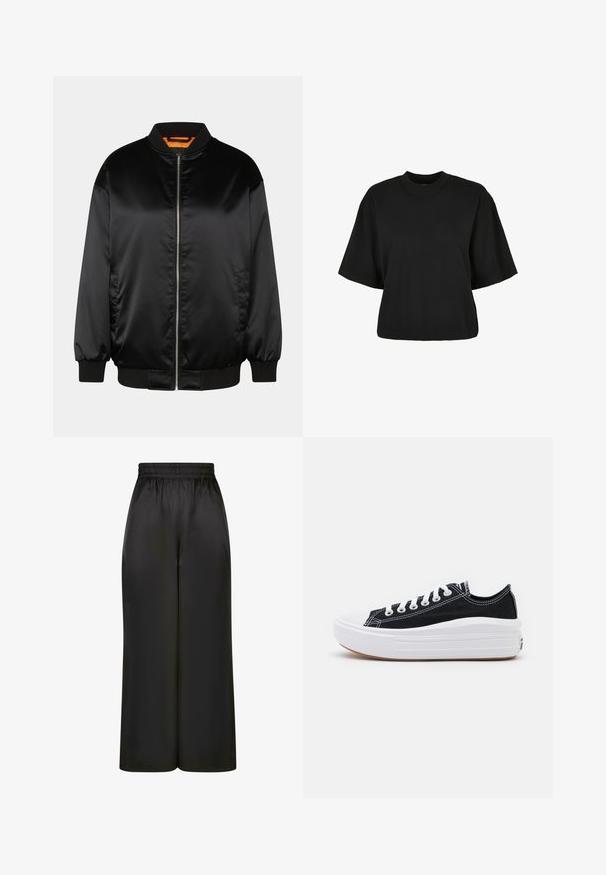 Črna bomberska jakna iz gladkega satena, z zadrgo spredaj, rebrastimi manšetami in robom ter oranžno podlogo. Klasičen in minimalističen dizajn.; Črna kratka majica iz bombaža. Ima kratke roke in okroglo izreza. Gladka tekstura z enostavnim dizajnom, brez dodatnih vzorcev.; Črne široke hlače iz gladkega, sijočega materiala z elastičnim pasom in brez vidnih žepov ali kovinskih detajlov.; Črne platnene športne copate z belimi vezalkami, belim gumijastim prstnim zaščitnikom in masivnim belim srednjim podplatom. Imajo subtilne bele šive in gumijast podplat.