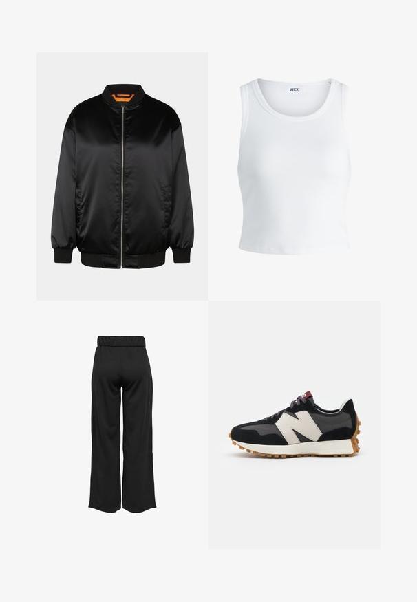 Black bomber jacket made of smooth satin, featuring a zip front, ribbed cuffs and hem, and an orange lining. Classic and minimalist design.; White ribbed tank top featuring a round neckline, sleeveless design, and a cropped length. Label reads "JJXX." Smooth fabric texture.; Black, wide-leg pants with an elastic waistband, made from smooth fabric. Features a clean design with no pockets or visible stitching details.; Black and gray suede sneaker with a large cream-colored "N" logo, purple laces, and a textured gum rubber outsole.