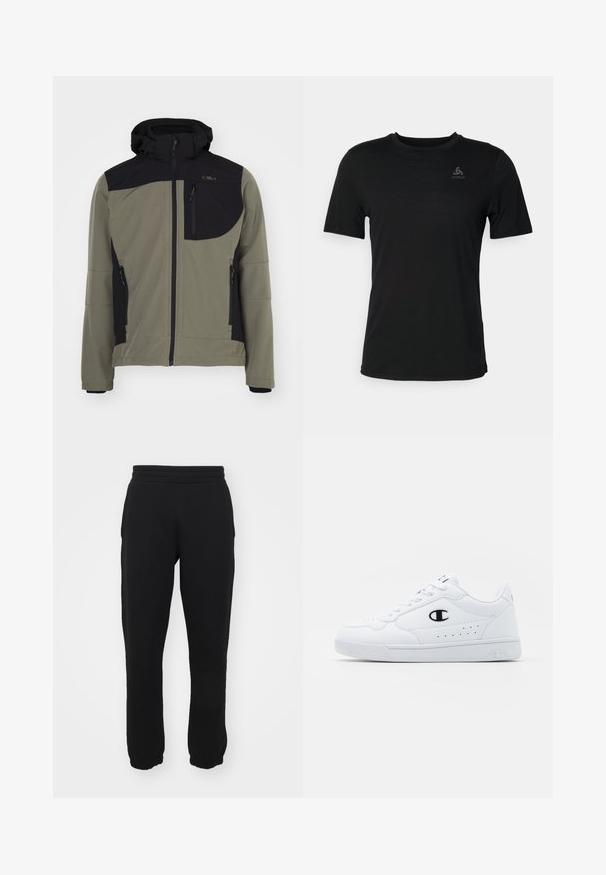 Chaqueta softshell en verde oliva con detalles en negro, que cuenta con una capucha, bolsillos con cremallera y un parche de marca en el pecho. Parece ligera y flexible.; Camiseta negra hecha de un tejido ligero, con escote redondo, mangas cortas y un pequeño logotipo de la marca en la parte superior izquierda.; Pantalones de chándal negros de mezcla de algodón, con una cinturilla elástica, piernas ajustadas y puños acanalados en los tobillos. Diseño simple, sin patrones.; Zapatillas deportivas blancas con un upper sintético suave, acento del logo en negro y detalles perforados en los laterales. Suela de goma.