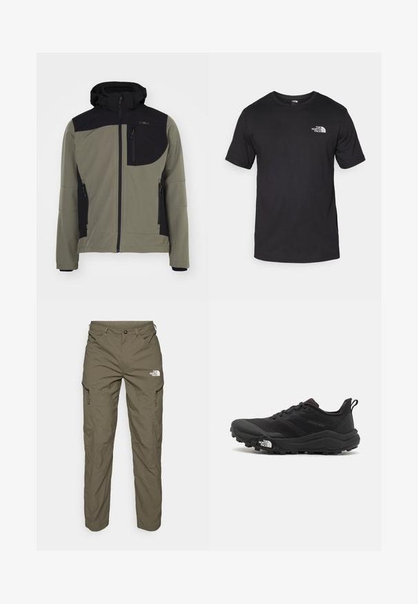 Mīksta virsjakas ar olīvu zaļu krāsu un melniem akcentiem, ar kapuci, ar rāvējslēdzēju kabatām un ar zīmola logo uz krūtīm. Izskatās viegla un elastīga.; Melna īsām piedurknēm T-krekls, kas izgatavots no kokvilnas, ar apaļu dekoltē un nelielu baltu logotipu augšējā kreisajā krūtīs.; Olīvu zaļas āra bikses, kas izgatavotas no viegla auduma, ar kravu kabatām, rāvējslēdzēju akcentiem un logotipu uz augšstilba.; Melnas taku skriešanas kurpes ar teksturētu virsu, gumijas zoli un pastiprinātu pirkstu daļu. Aprīkotas ar mīkstu apkakli un vilkšanas cilpu, lai viegli uzvilktu.