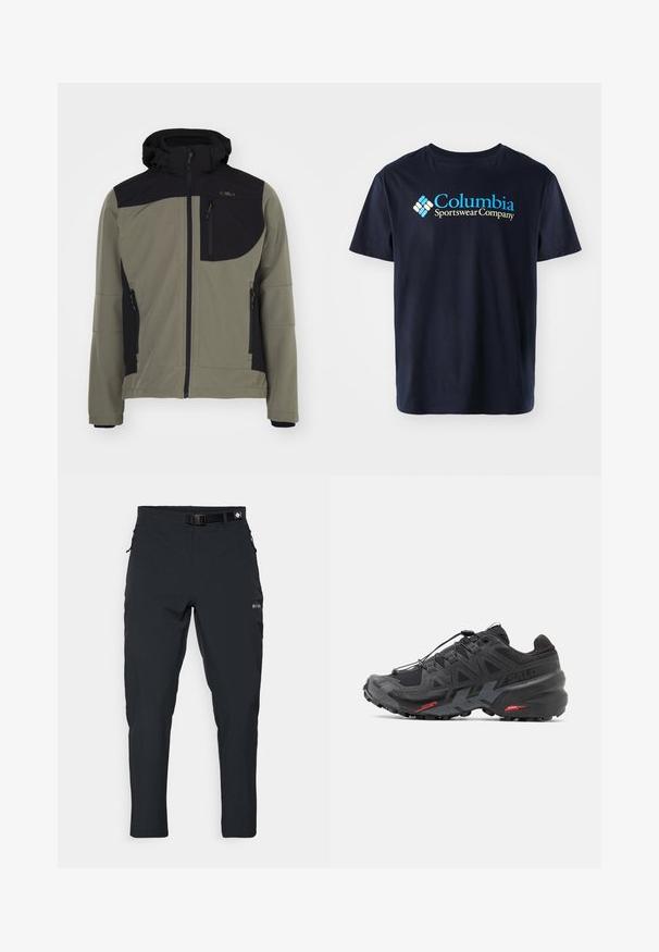 Mykjakke i olivengrønn med svarte detaljer, med hette, glidelåslommer og et merke på brystet. Ser lett og fleksibel ut.; Columbia BASIC LOGO™ SHORT SLEEVE - T-shirts med print - black; Columbia ESSENTIAL HIKE™ PANT - Friluftsbukser - black; Svart løpesko med syntetisk overdel, teksturert design og kontrasterende røde detaljer. Har et sikkert snøresystem og robust såle.