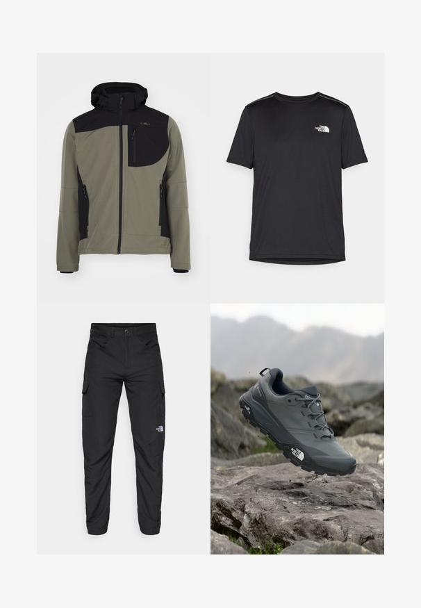 Softshelljacke in Olivgrün mit schwarzen Akzenten, ausgestattet mit Kapuze, Reißverschlusstaschen und einem Markenpatch auf der Brust. Sie erscheint leicht und flexibel.; Schwarzes T-Shirt mit kurzen Ärmeln aus leichtem Stoff. Mit einem kleinen weißen Logo auf der linken Brust und dezenten Akzenten an den Schultern.; The North Face HORIZON PANT - Outdoor-Hose - black; Grau Trailrunning-Schuh mit einer strukturierten Oberseite, haltbarer Gummisohle und verstärkter Zehenkappe. Verfügt über Schnürsenkel und ein Markenlogo an der Seite.