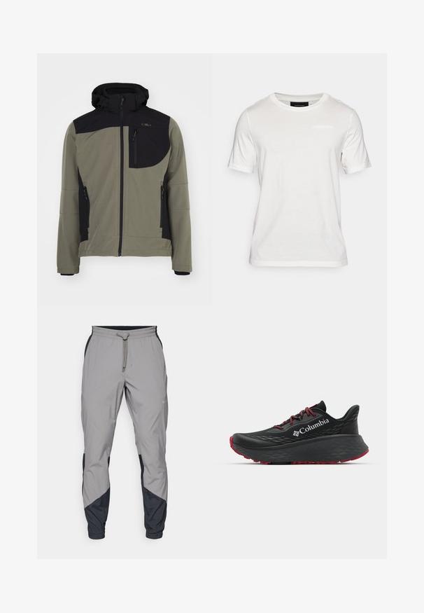 Mjuk skaljacka i olivgrön med svarta detaljer, försett med huva, fickor med dragkedja och en märkespatch på bröstet. Verkar lätt och flexibel.; Vit kortärmad t-shirt i mjukt material. Har en rund halsringning och en subtil logotypdetalj i mitten fram.; Lätta, grå träningsbyxor med svarta detaljer. Elastisk midja, dragsko stängning, tapered design och sidofickor.; Svart sportskor med strukturerad ovandel, röda snören och logotyp. Tjock sula med mönstrad slitbana för bra grepp. Minimalistisk design, sidovy.