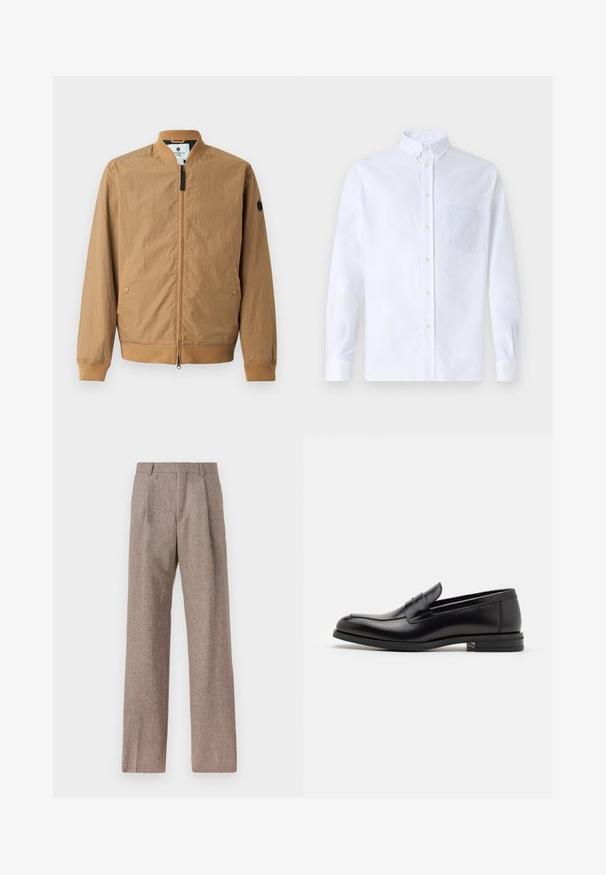 Hellbraune Bomberjacke mit Stehkragen, gerippten Bündchen, zwei seitlichen Taschen und einem schwarzen Logopatch auf dem linken Ärmel. Mit Reißverschluss.; Weißes Langarm-Hemd mit Knöpfen aus Baumwolle, ausgestattet mit einer Brusttasche mit tonalem Stickerei, einem Kragen und Knopfmanschetten.; Braune, hochtaillierte Hose aus strukturiertem Stoff. Mit weitem Bein und zwei vorderen Bügelfalten für zusätzliche Form. Saubere Verarbeitung ohne sichtbare Hardware.; Schwarze Lederloafers mit glatter Textur, rundem Zehenbereich und einem dekorativen Riemen über dem Vorderfuß. Niedriger, gestapelter Absatz, minimalistisches Design.