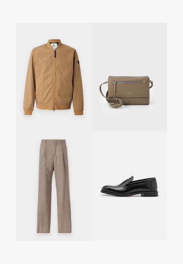 Gaiši brūns bomber tipa žakets ar stāvošu apkakli, ribotām piedurknēm, divām sānu kabatām un melnu logo uzšuvumu kreisajā piedurknē. Ar rāvējslēdzēju.; Balts garo piedurknēm krekliņš ar pogām, izgatavots no kokvilnas, ar krūšu kabatu ar tonālu izšuvumu, apkakli un pogām pie piedurknēm.; Brūni, augstos šortos izgatavoti no teksturēta auduma. Iezīmē plašas kājas un divas priekšējās krokas, kas nodrošina struktūru. Kārtīga apdare bez redzamām detaļām.; Melnas ādas kurpes ar gludu tekstūru, noapaļu purngalu un dekoratīvu siksniņu pāri priekšpusei. Zems sakrauts papēdis, minimālisma dizains.; Taupe krāsas ādas pleca soma ar rāvējslēdzēja priekšējo kabatu, regulējamu siksnu, akmens tekstūru un iegravētu logo priekšpusē.