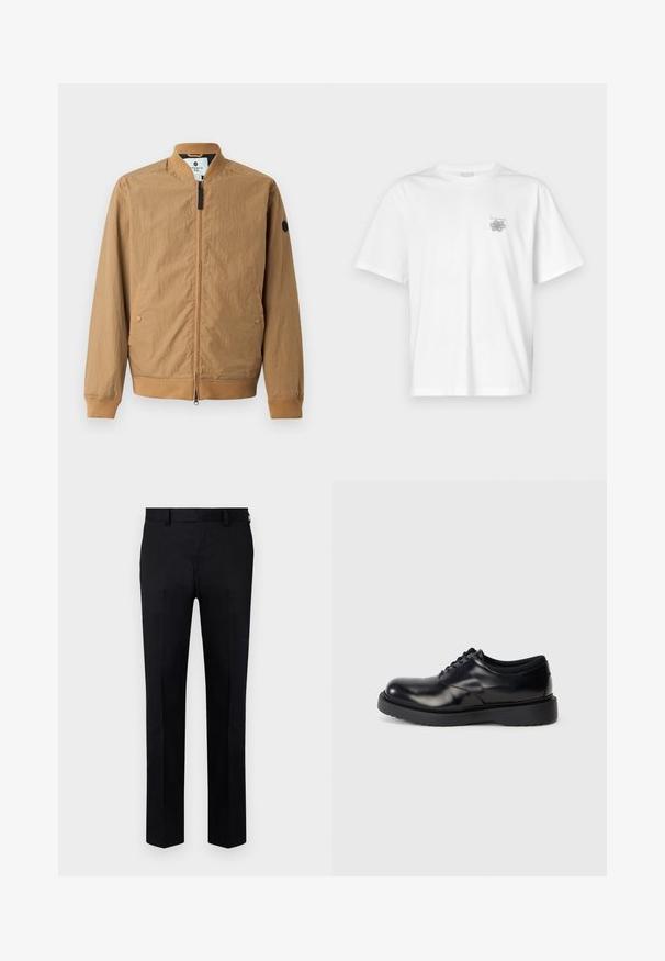 Valkobrown bomber-takk med ståkrage, ribbede ermer, to sidelommer og et svart logo-patch på venstre erme. Glidelås lukking.; Valkoinen puuvillapaita, jossa on lyhyet hihat, pyöreä kaula-aukko ja pieni harmaa logo vasemmassa rintataskussa. Täydellinen sileä rakenne.; Mustat housut, jotka on valmistettu sileästä kankaasta, suora lahje-muotoilu, etusaumalla ja vyölenkeillä vyötäröllä. Ei näkyviä kuvioita tai yksityiskohtia.; Musta nahkasaapas, jossa on pyöreä kärki, sileä pinta ja paksu kumipohja, jossa on hienovaraisia uria pidon parantamiseksi.