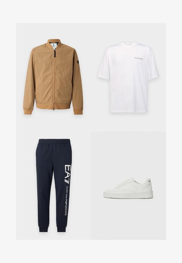 Light brown bomber jacket with a stand collar, ribbed cuffs, two side pockets, and a black logo patch on the left sleeve. Zipper closure.; White short-sleeve t-shirt in cotton with a v-neck, featuring a black "FILLING PIECES" logo printed on the left side.; Navy blue cotton joggers with an elastic waistband, tapered legs, and contrasting white EA7 and Emporio Armani logos printed along the side.; White leather sneaker with a smooth finish, round toe, flat laces, and a textured sole. Features a subtle logo on the heel.