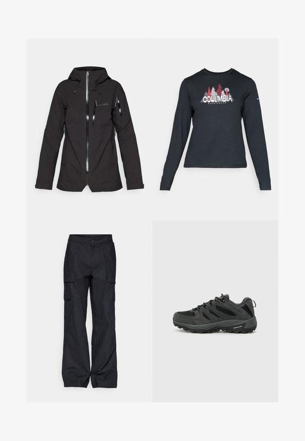Schwarze wasserdichte Jacke mit taillierter Silhouette, durchgehendem Reißverschluss, verstellbarer Kapuze und mehreren Reißverschlusstaschen zur Aufbewahrung.; Dunkelgraues Langarmshirt mit einem Grafikdesign von roten Bäumen und Bergen; das "COLUMBIA"-Logo in fett weißer Schrift. Weicher Stoff, klassischer Rundhalsausschnitt.; Columbia BREA FALLS™ COTTON RIPSTOP PANT - Outdoor-Hose - black; Columbia REDMOND - Hikingschuh - black/citron haze