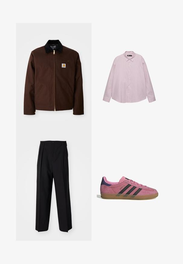Braune Canvas-Jacke mit goldener Reißverschluss, Cordkragen, linke Brusttasche mit Logo-Patch und seitlichen Taschen mit verdeckten Reißverschlüssen.; Helles rosa Button-down-Hemd mit vertikalen blauen Streifen, Kragen, langen Ärmeln und lockerer Passform. Aus glattem Stoff mit leichtem Glanz gefertigt.; Schwarze, plissierte Hose mit geradem, weitem Bein. Hergestellt aus glattem Stoff, mit Knopfverschluss und Gürtelschlaufen.; Rosa Wildleder-Sneaker mit schwarzen Streifen, Gummisohle und strukturiertem lila Fersenbereich. Verfügt über ein Schnürdesign und geprägte Markenkennzeichnung an der Seite.
