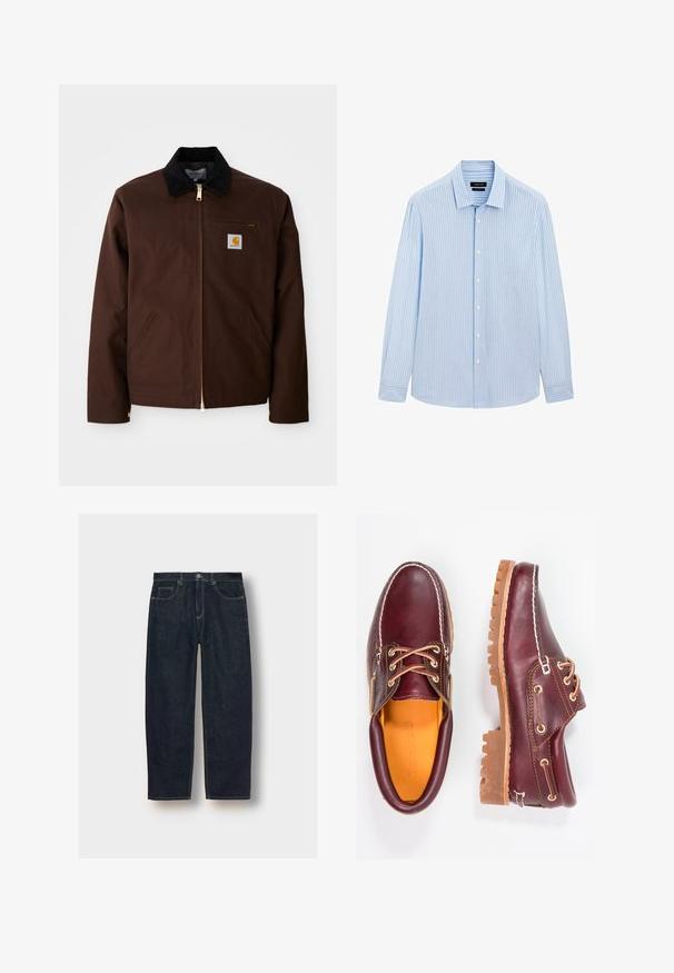 Brown canvas jacket featuring a gold zipper, corduroy collar, left chest pocket with logo patch, and side pockets with concealed zippers.; Light blue button-up shirt with vertical white stripes, long sleeves, collared neckline, and a straight hem. Cotton blend fabric.; Dark blue denim jeans with a loose fit, five pockets, and contrast stitching. Features a button and zipper closure. Smooth texture.; Burgundy leather shoes with brown rubber soles, round toe, white stitching, and gold eyelets. Interior features a yellow lining.